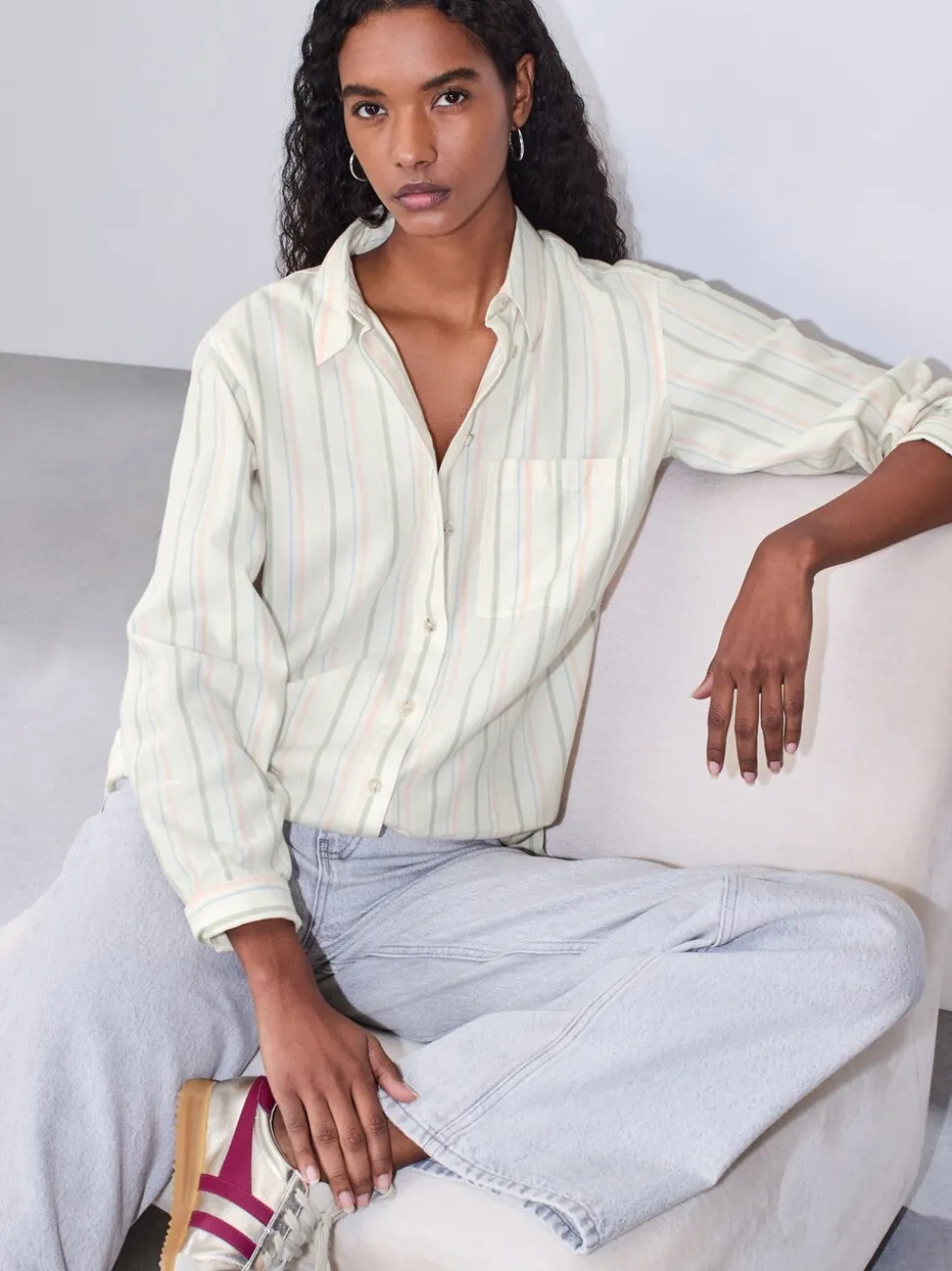 Pastel gestreept - Ruimvallend 100% katoenen button-down casual overhemd met lange mouwen
