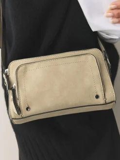 Pastelgeel - Double Zip Cross-Body Faux Suede Bag