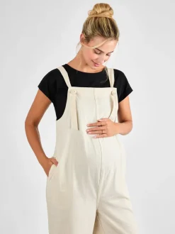 Pastelgeel - JoJo Maman Bébé zwangerschapstuinbroek van een linnenmix met wijde pijpen