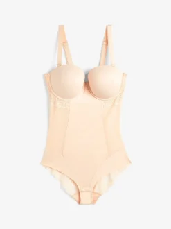 Pastelroze nude - DD+ kanten tummy control body met lichte vulling
