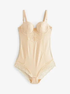 Pastelroze nude - Kanten body met cups en sterke buikcorrectie