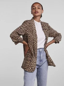 PIECES - Luipaardprint blazer met ruimvallende werkkleding en gerimpelde mouwen van 100% katoen