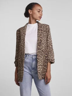 PIECES - Luipaardprint blazer met ruimvallende werkkleding en gerimpelde mouwen van 100% katoen