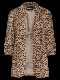 PIECES - Luipaardprint blazer met ruimvallende werkkleding en gerimpelde mouwen van 100% katoen