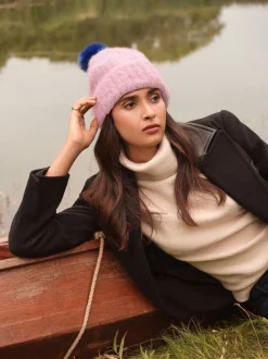 Pink and Blue Constrast - Love & Roses Cosy Pom Hat