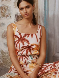 Pink Floral Patch Print - Square Neck Wide Leg Jersey Jumpsuit
