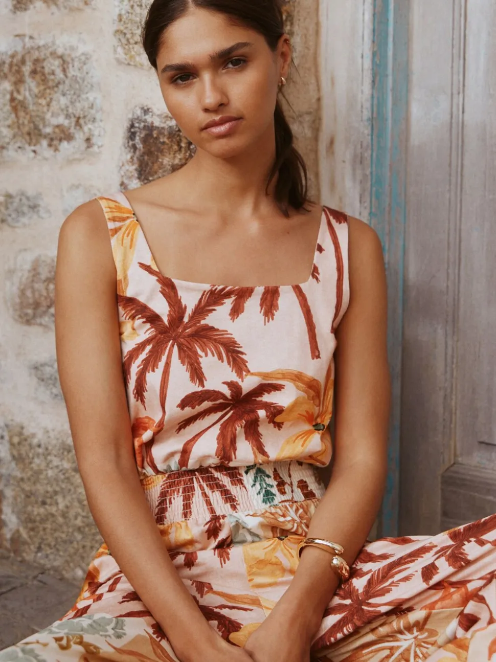 Pink Floral Patch Print - Square Neck Wide Leg Jersey Jumpsuit