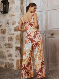 Pink Floral Patch Print - Square Neck Wide Leg Jersey Jumpsuit