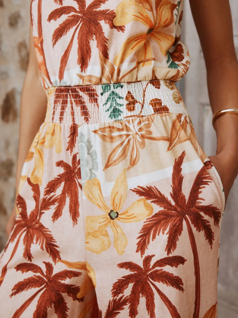Pink Floral Patch Print - Square Neck Wide Leg Jersey Jumpsuit