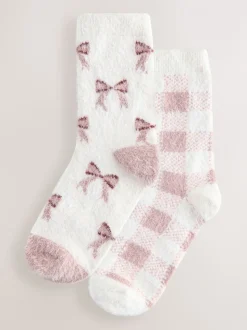 Pink Gingham/ Bows - 2 Paar superharige behaaglijke sokken