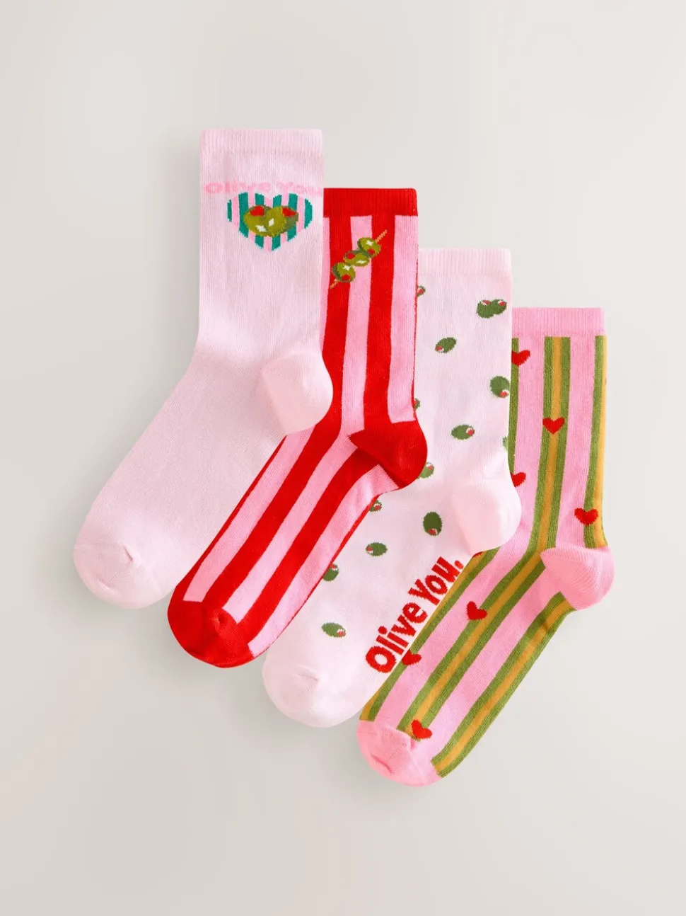 Pink/Green 'Olive You' - Set van 4 paar enkelsokken