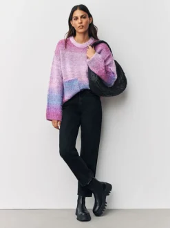 Pink/Purple Spacedye - Boucle Ronde hals Trui Met Wol