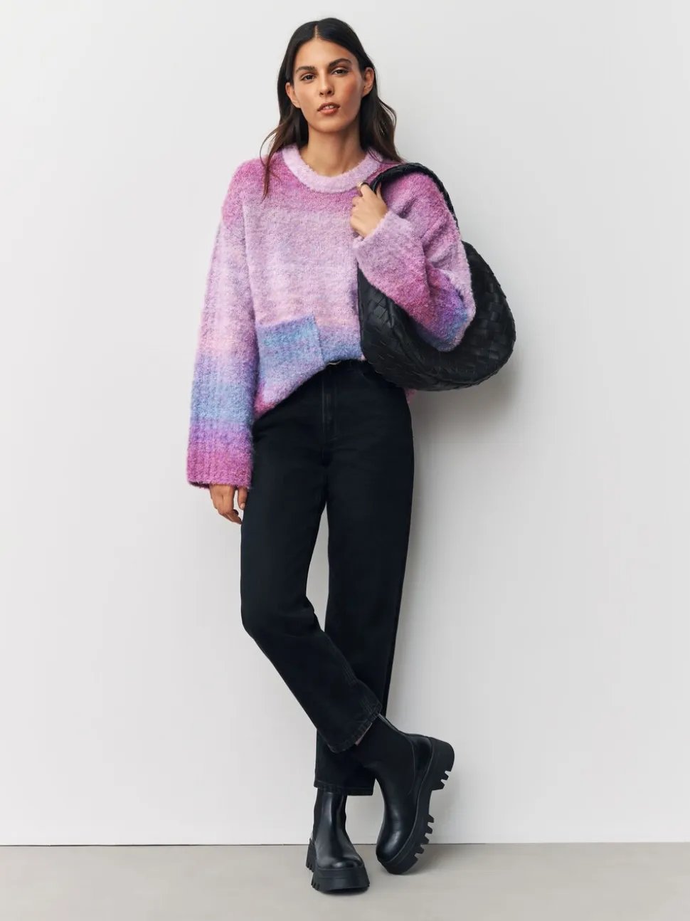 Pink/Purple Spacedye - Boucle Ronde hals Trui Met Wol