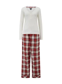 Pour Moi Rib Jersey Lace Trim Henley Top and Check Trousers Pyjamas Set