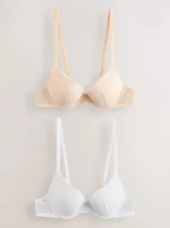 Praline huidskleur & wit - Set van 2 push-up beha's met lage decolleté en kant