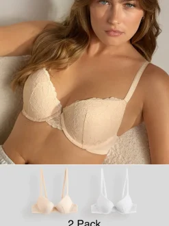 Praline huidskleur & wit - Set van 2 push-up beha's met lage decolleté en kant
