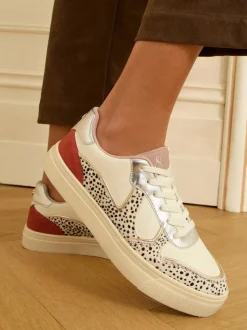 Real Leather Multi White Spot - Love & Roses Mix Flatform Comfort Retro Low Top Trainers