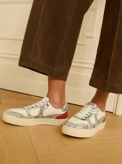 Real Leather Multi White Spot - Love & Roses Mix Flatform Comfort Retro Low Top Trainers