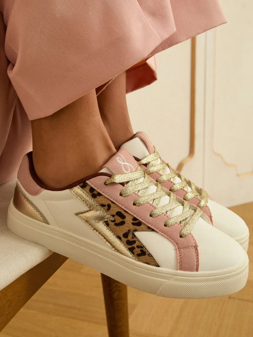 Real Leather Pink Leopard White - Love & Roses Mix Flatform Comfort Retro Low Top Trainers