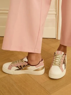 Real Leather Pink Leopard White - Love & Roses Mix Flatform Comfort Retro Low Top Trainers