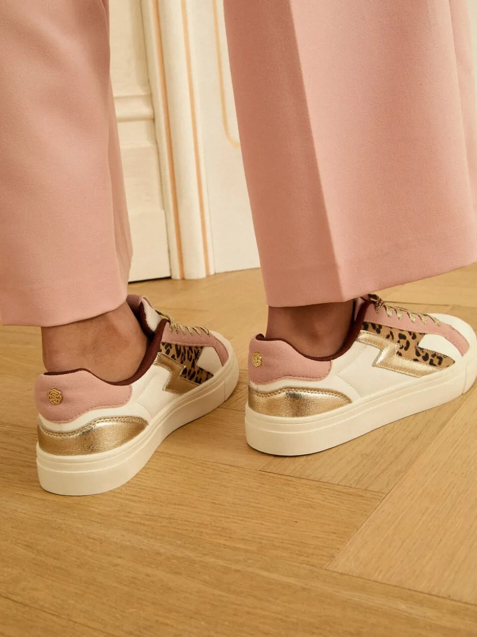 Real Leather Pink Leopard White - Love & Roses Mix Flatform Comfort Retro Low Top Trainers