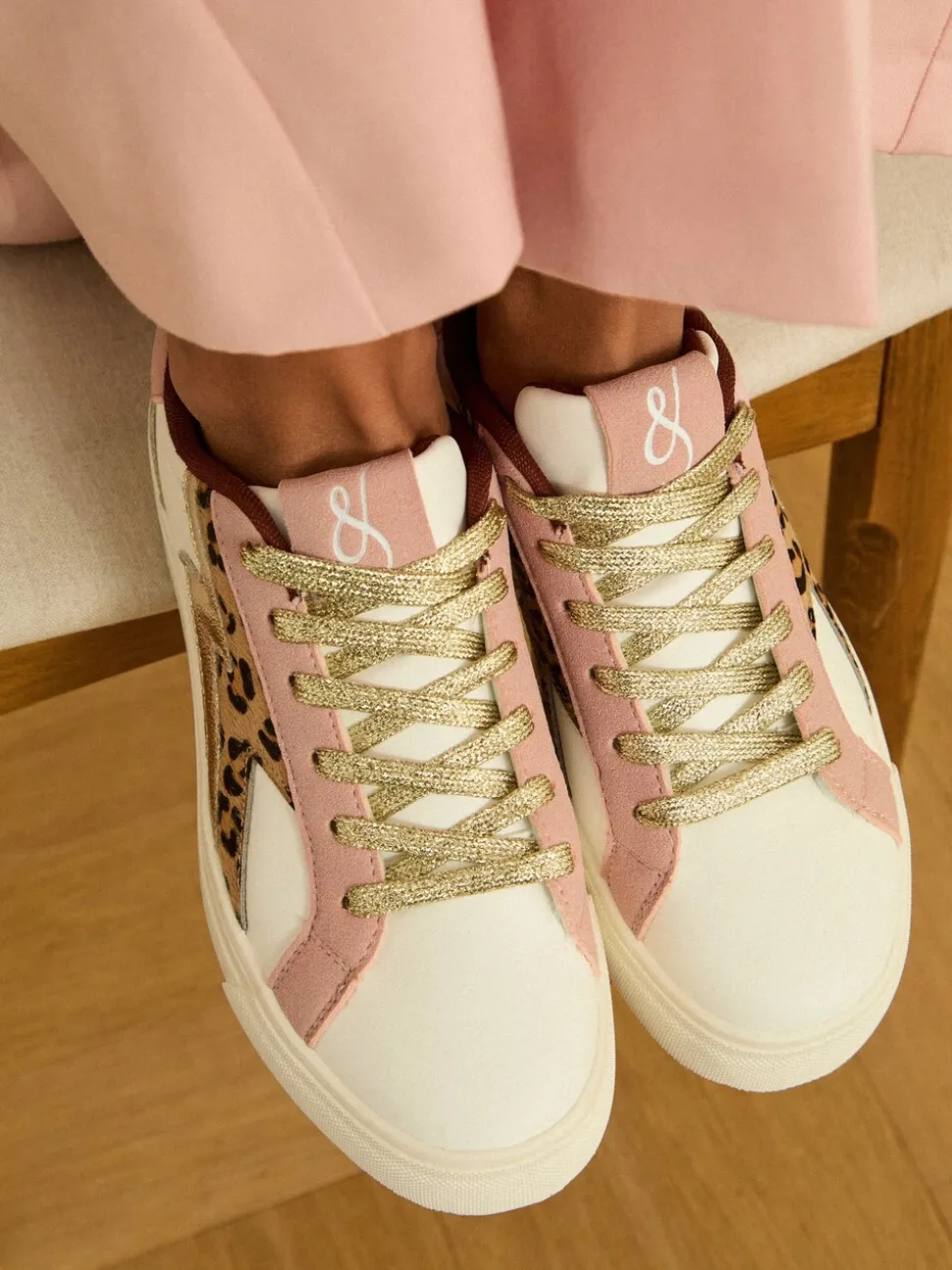 Real Leather Pink Leopard White - Love & Roses Mix Flatform Comfort Retro Low Top Trainers