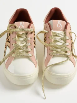Real Leather Pink Leopard White - Love & Roses Mix Flatform Comfort Retro Low Top Trainers