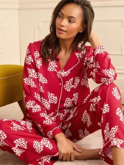 Red and White Bow Print - Love & Roses Button Down Pyjamas Set