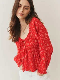 Red Conversational Print - Long Sleeve Milkmaid Top