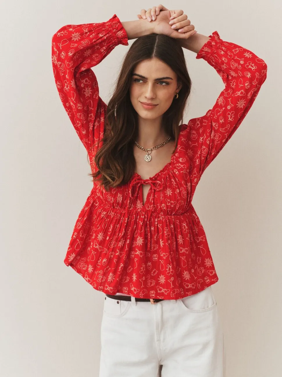Red Conversational Print - Long Sleeve Milkmaid Top