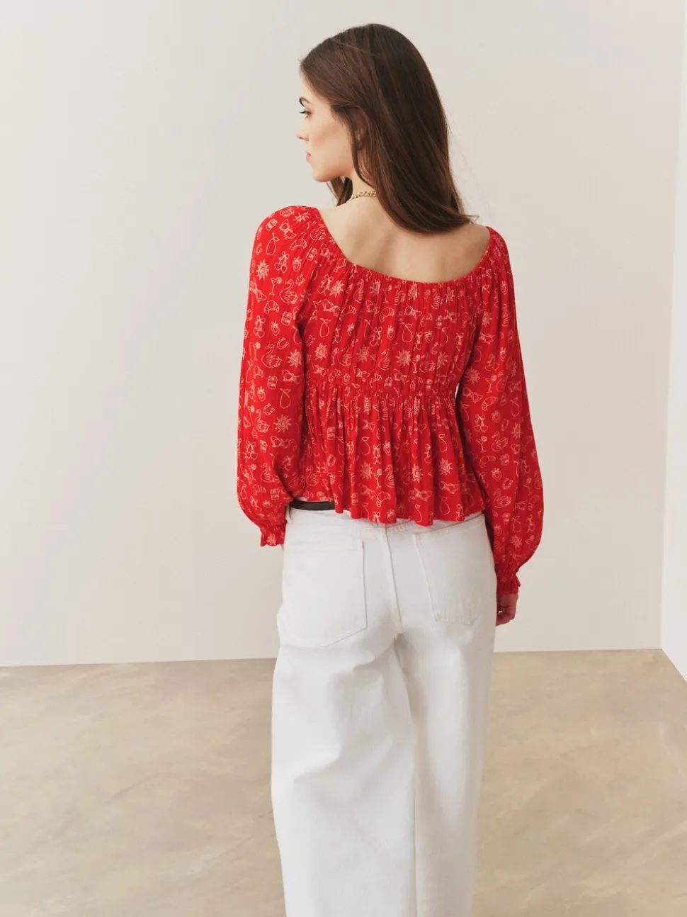 Red Conversational Print - Long Sleeve Milkmaid Top
