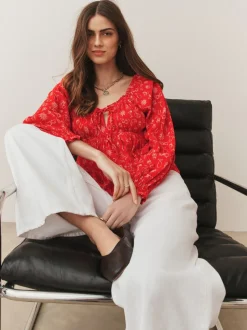 Red Conversational Print - Long Sleeve Milkmaid Top