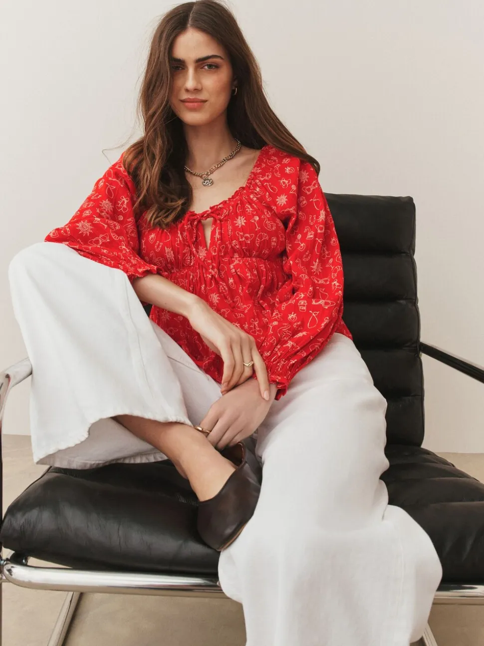 Red Conversational Print - Long Sleeve Milkmaid Top