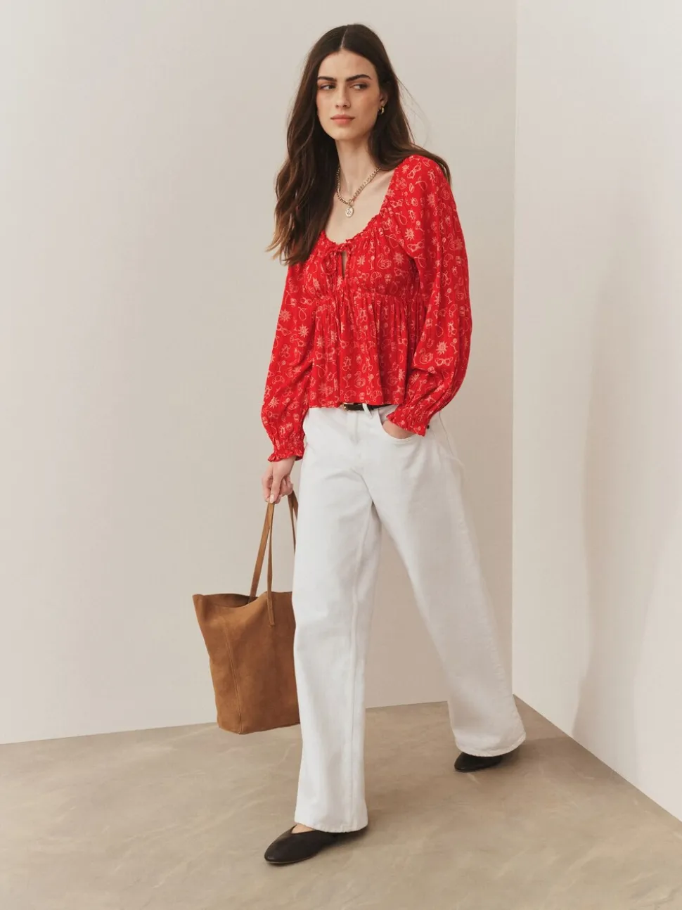 Red Conversational Print - Long Sleeve Milkmaid Top