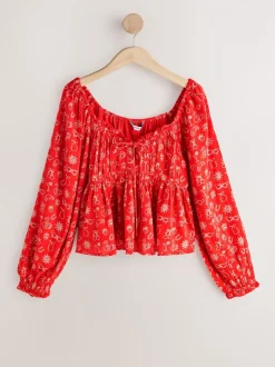 Red Conversational Print - Long Sleeve Milkmaid Top