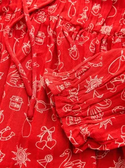 Red Conversational Print - Long Sleeve Milkmaid Top
