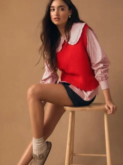 Red Pinstripe - Frill Collar Shirt Layer Knitted Tank
