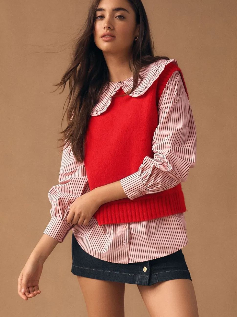 Red Pinstripe - Frill Collar Shirt Layer Knitted Tank