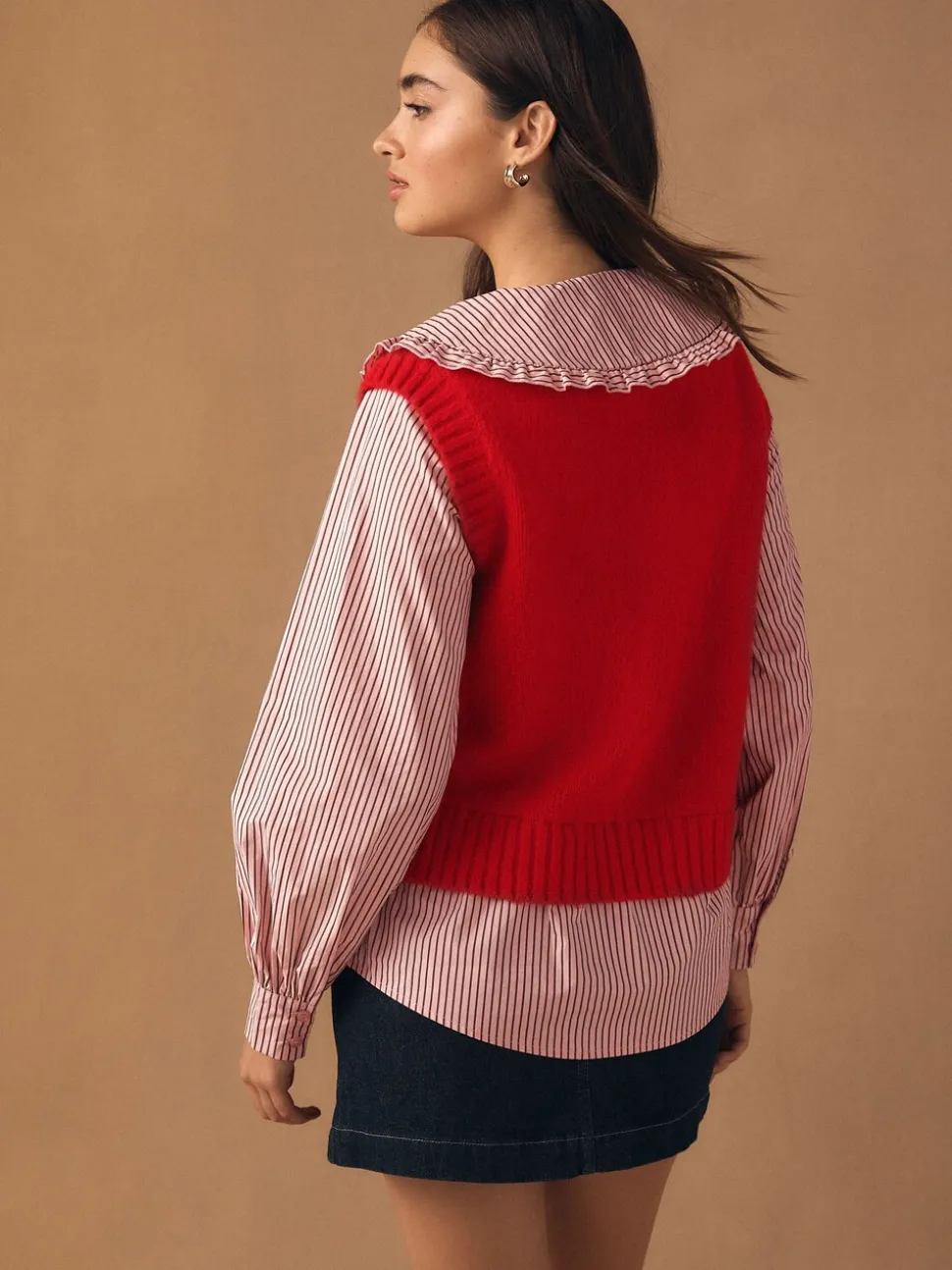 Red Pinstripe - Frill Collar Shirt Layer Knitted Tank