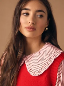Red Pinstripe - Frill Collar Shirt Layer Knitted Tank