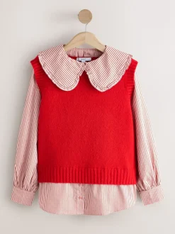 Red Pinstripe - Frill Collar Shirt Layer Knitted Tank