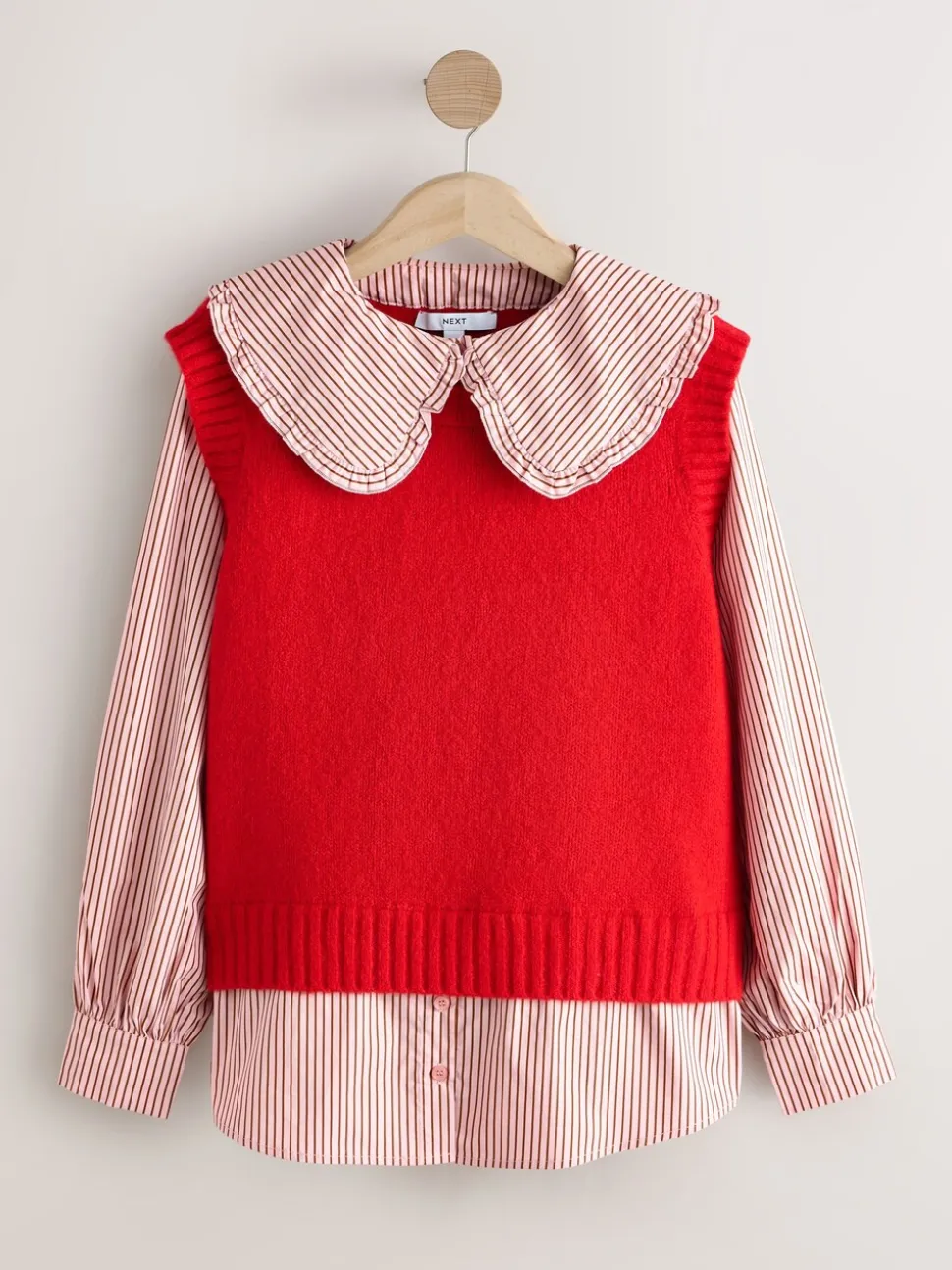 Red Pinstripe - Frill Collar Shirt Layer Knitted Tank