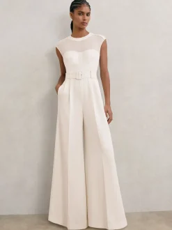 Reiss Alba Sheer-Panel Wide-Leg Belted Jumpsuit