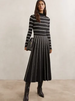 Reiss Amber Stripe Pleated Knitted Midi Dress