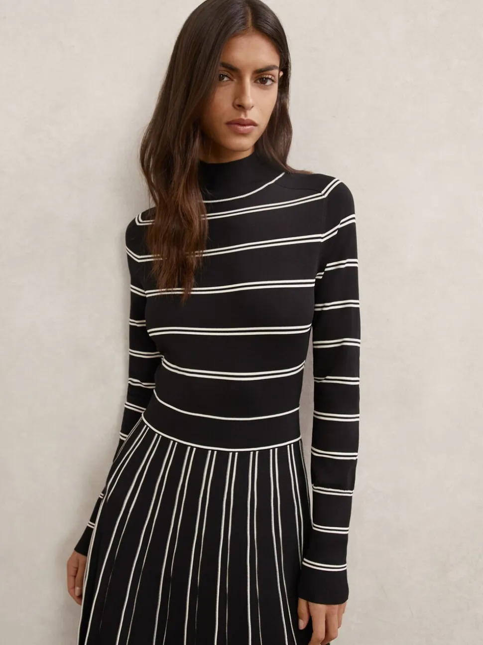 Reiss Amber Stripe Pleated Knitted Midi Dress