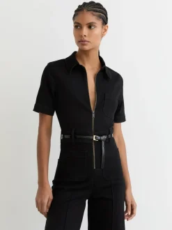 Reiss Danie Wide-Leg Zip-Through Denim Jumpsuit