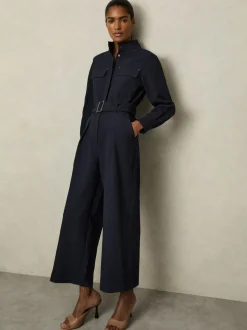 Reiss Kaia Getailleerde wijde pijpen utility-jumpsuit