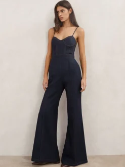 Reiss Macey Wide-Leg Bustier Denim Jumpsuit