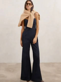 Reiss Macey Wide-Leg Bustier Denim Jumpsuit