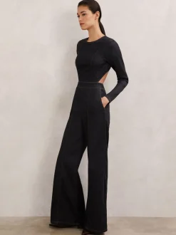 Reiss Sanata Wide-Leg Open-Back Denim Jumpsuit
